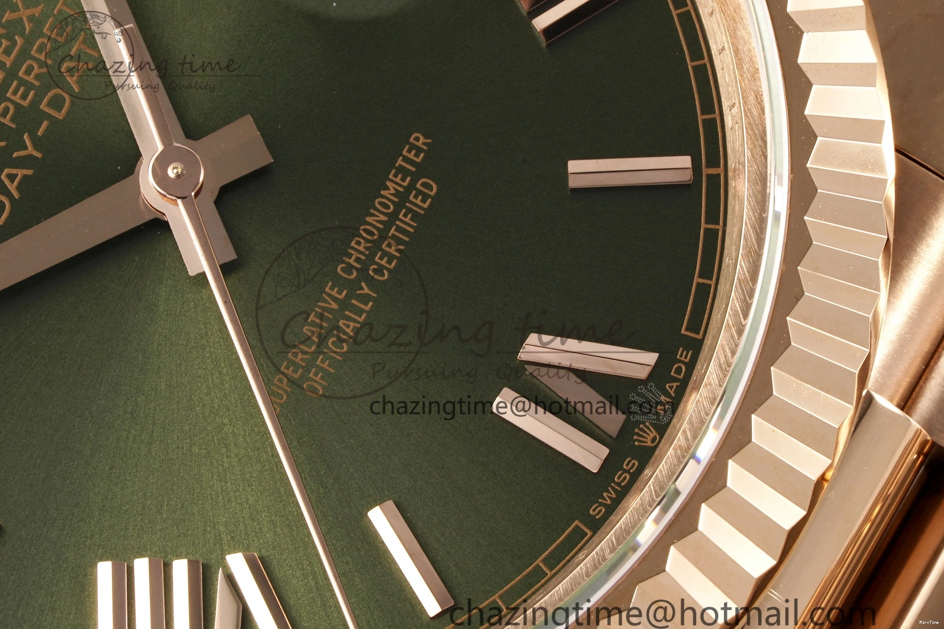 MiroTime 0516 DayDate 40 RG JDF Gain Weight 904L Steel Green Dial Roman Markers on President Bracelet A2836 V Trendsetting 1816